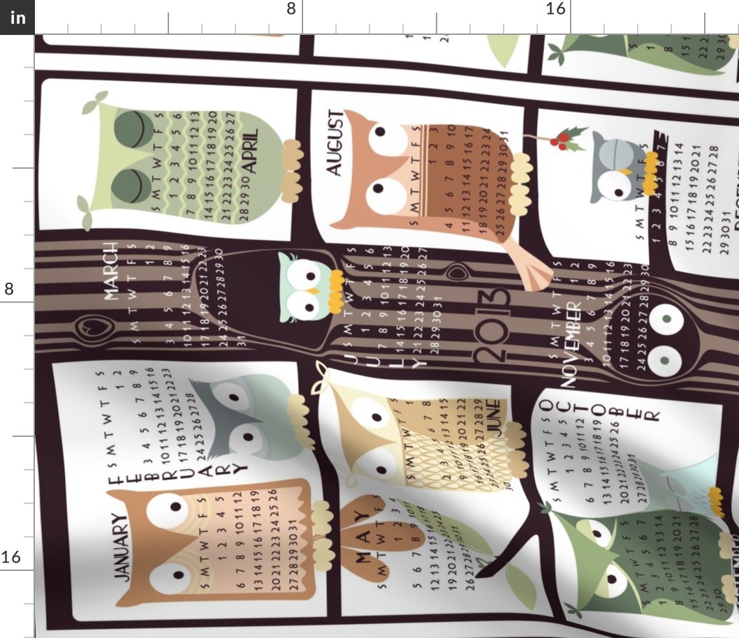 Owl Tree Tea Towel 2013 Calendar - Extra Coasters for Linen-Cotton Canvas width (hit zoom)