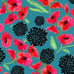 Poppies + Mums Red Black on Teal 300