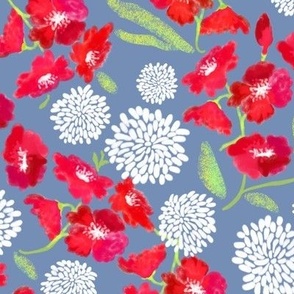 Poppies + Mums Red on Slate Blue 300
