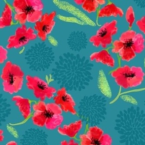Poppies + Mums Red on Teal 300