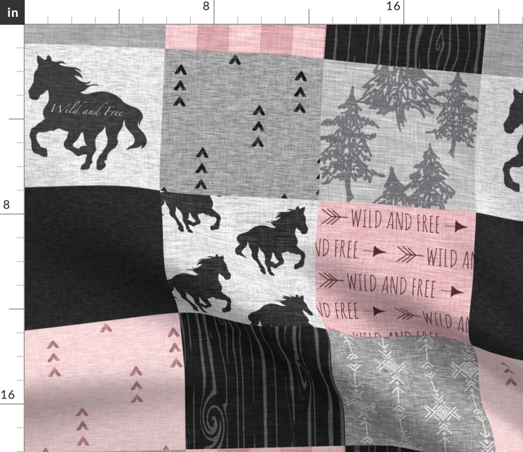 Wild and Free Horses Quilt - pink and black