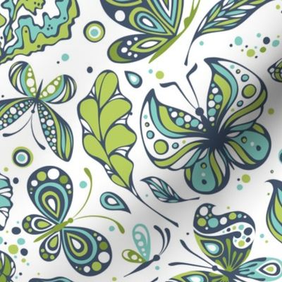 Butterflies Green and Teal on White