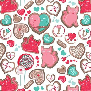 Valentine Sweetness  // small scale // white background aqua pink and red cats and candy