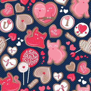 Valentine Sweetness  // normal scale // navy blue background pink and red cats and candy