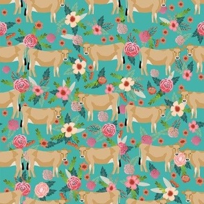 jersey cow floral fabric - feminine jersey cow fabric, jersey cow fabric, floral farm animals fabric, farm fabric - cute fabric - turquoise