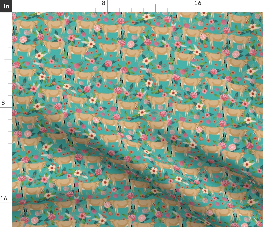 jersey cow floral fabric - feminine jersey cow fabric, jersey cow fabric, floral farm animals fabric, farm fabric - cute fabric - turquoise