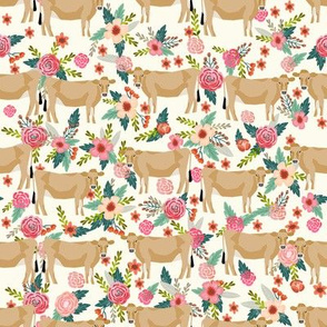 jersey cow floral fabric - feminine jersey cow fabric, jersey cow fabric, floral farm animals fabric, farm fabric - cute fabric - cream