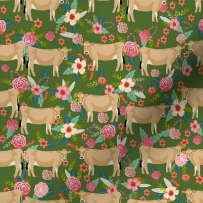 jersey cow floral fabric - feminine jersey cow fabric, jersey cow fabric, floral farm animals fabric, farm fabric - cute fabric -  green