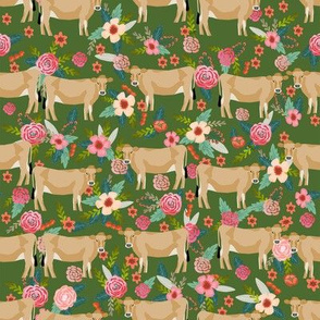 jersey cow floral fabric - feminine jersey cow fabric, jersey cow fabric, floral farm animals fabric, farm fabric - cute fabric -  green