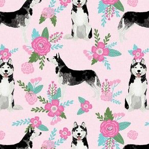 husky dog pink florals fabric, girls dog fabric, husky fabric kids, cute girls design - pink and teal