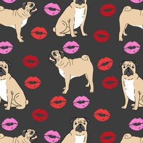 pugs and kisses fabric - pug fabric, dog fabric, valentines day fabric, valentines day dog fabric, cute dogs fabric - charcoal