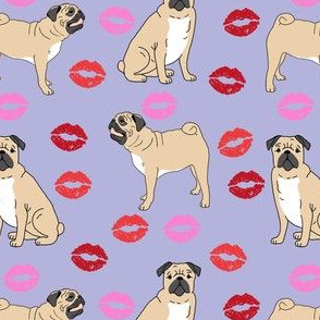 pugs and kisses fabric - pug fabric, dog fabric, valentines day fabric, valentines day dog fabric, cute dogs fabric - purple