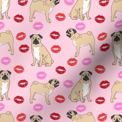 pugs and kisses fabric - pug fabric, dog fabric, valentines day fabric, valentines day dog fabric, cute dogs fabric - pink