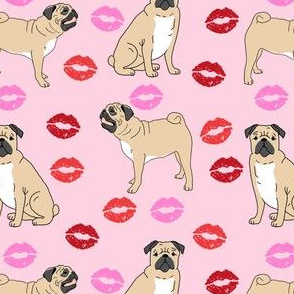 pugs and kisses fabric - pug fabric, dog fabric, valentines day fabric, valentines day dog fabric, cute dogs fabric - pink