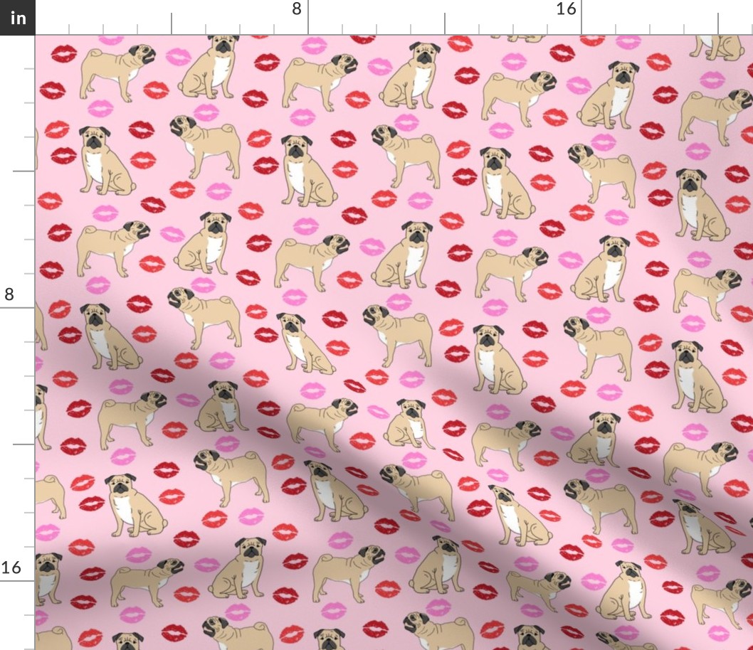 pugs and kisses fabric - pug fabric, dog fabric, valentines day fabric, valentines day dog fabric, cute dogs fabric - pink