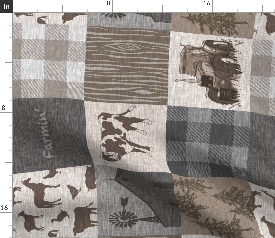 Cow Farmin Quilt - Soft Brown And grey - ROTATED 