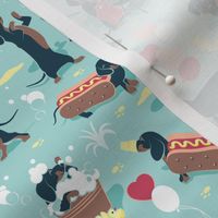 Tiny scale // Hot dogs and lemonade // aqua background Dachshund sausage dogs