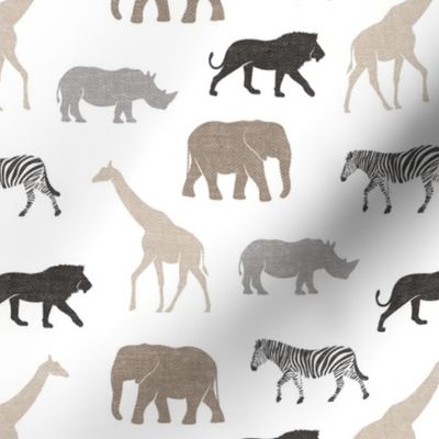 Safari animals - neutrals - elephant, giraffe, rhino, zebra