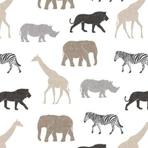 Safari animals - neutrals - elephant, giraffe, rhino, zebra