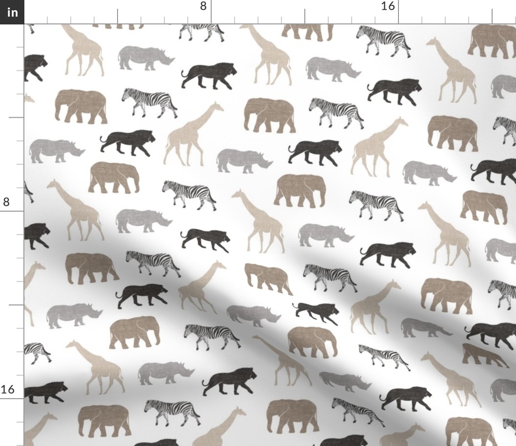 Safari animals - neutrals - elephant, giraffe, rhino, zebra