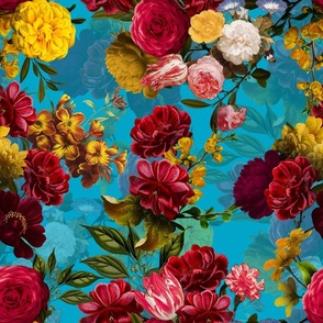 18" Pierre-Joseph Redouté-nostalgic  Roses Bouquets on blue- Mystic Night 15