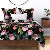 X- Large -  Vintage Summer Dark Night Romanticism:  Maximalism Moody Florals- Antiqued Redouté Pink Roses And Hydrangea Bouquets Nostalgic - Gothic Mystic Night-  Antique Botany Wallpaper and Victorian Goth Mystic inspired