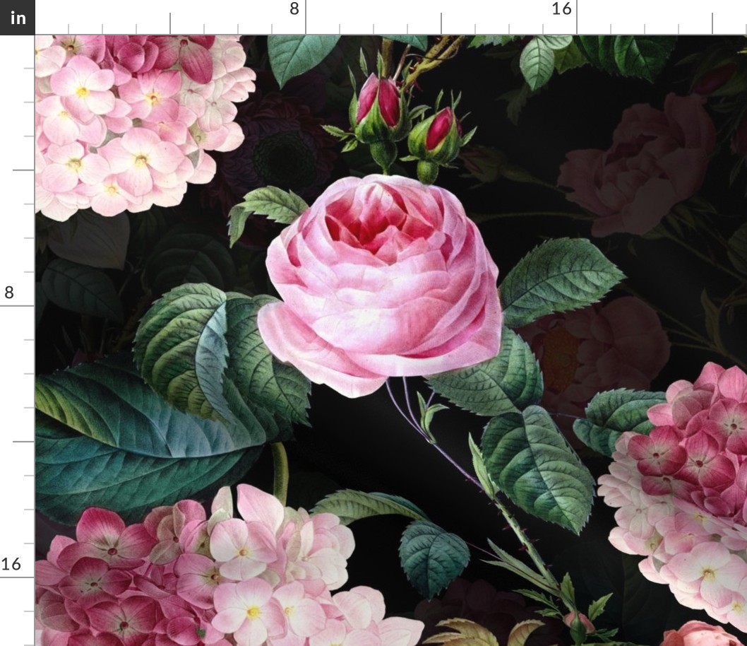 X- Large -  Vintage Summer Dark Night Romanticism:  Maximalism Moody Florals- Antiqued Redouté Pink Roses And Hydrangea Bouquets Nostalgic - Gothic Mystic Night-  Antique Botany Wallpaper and Victorian Goth Mystic inspired