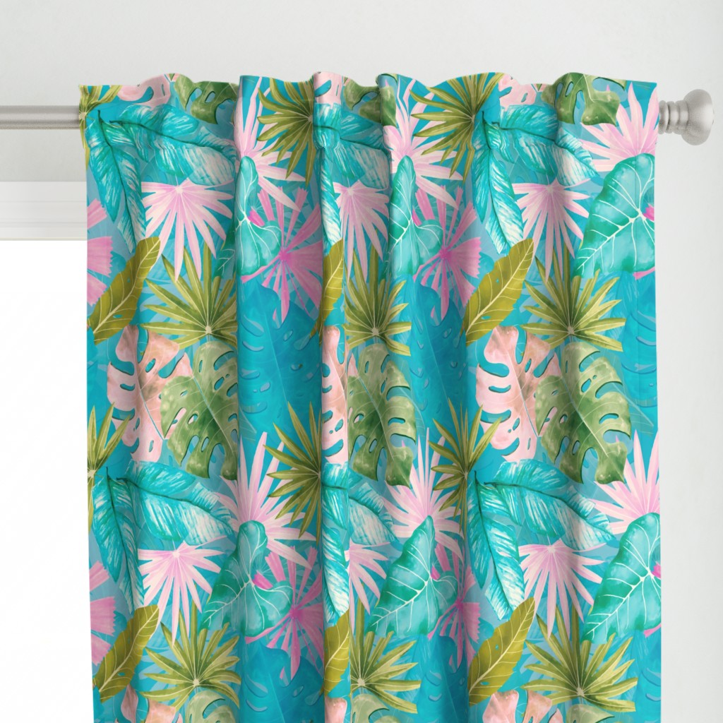 18" Bohemian  Hand Drawn Tropical Pink and Teal Jungle Garden