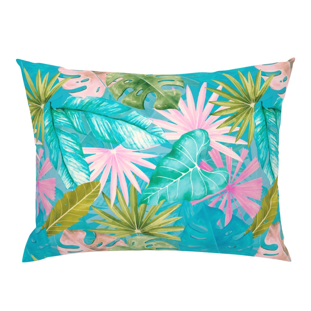 18" Bohemian  Hand Drawn Tropical Pink and Teal Jungle Garden