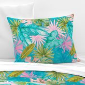 18" Bohemian  Hand Drawn Tropical Pink and Teal Jungle Garden