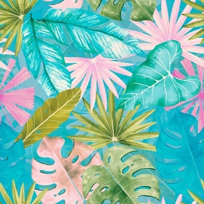 18" Bohemian  Hand Drawn Tropical Pink and Teal Jungle Garden