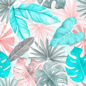 18" Bohemian  Hand Drawn Tropical Teal and Coral Jungle Garden