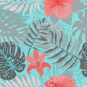 18" Bohemian  Hand Drawn Tropical Teal  and Coral Jungle Garden