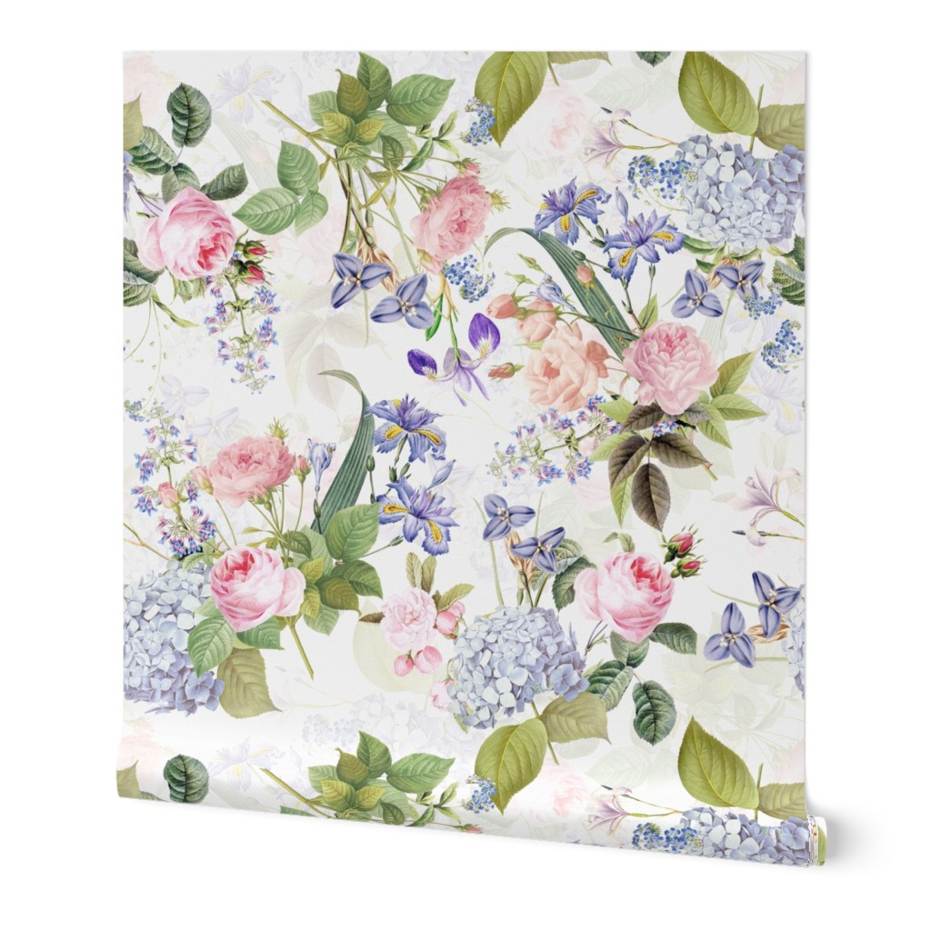 Nostalgic Enchanting Pink Pierre-Joseph Redouté Springflowers And Roses,Blue Hydrangea,Lilacs,Lilies, Antique Flowers Bouquets, vintage home decor,  English Roses Fabric