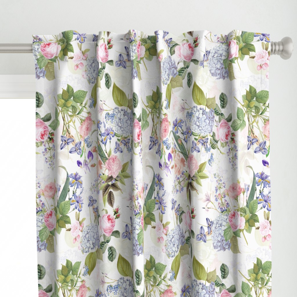 Nostalgic Enchanting Pink Pierre-Joseph Redouté Springflowers And Roses,Blue Hydrangea,Lilacs,Lilies, Antique Flowers Bouquets, vintage home decor,  English Roses Fabric