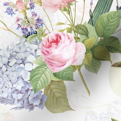 Nostalgic Enchanting Pink Pierre-Joseph Redouté Springflowers And Roses,Blue Hydrangea,Lilacs,Lilies, Antique Flowers Bouquets, vintage home decor,  English Roses Fabric