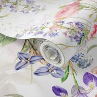 Nostalgic Enchanting Pink Pierre-Joseph Redouté Springflowers And Roses,Blue Hydrangea,Lilacs,Lilies, Antique Flowers Bouquets, vintage home decor,  English Roses Fabric