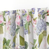 Nostalgic Enchanting Pink Pierre-Joseph Redouté Springflowers And Roses,Blue Hydrangea,Lilacs,Lilies, Antique Flowers Bouquets, vintage home decor,  English Roses Fabric