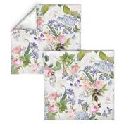 Nostalgic Enchanting Pink Pierre-Joseph Redouté Springflowers And Roses,Blue Hydrangea,Lilacs,Lilies, Antique Flowers Bouquets, vintage home decor,  English Roses Fabric