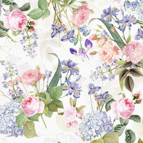 Nostalgic Enchanting Pink Pierre-Joseph Redouté Springflowers And Roses,Blue Hydrangea,Lilacs,Lilies, Antique Flowers Bouquets, vintage home decor,  English Roses Fabric