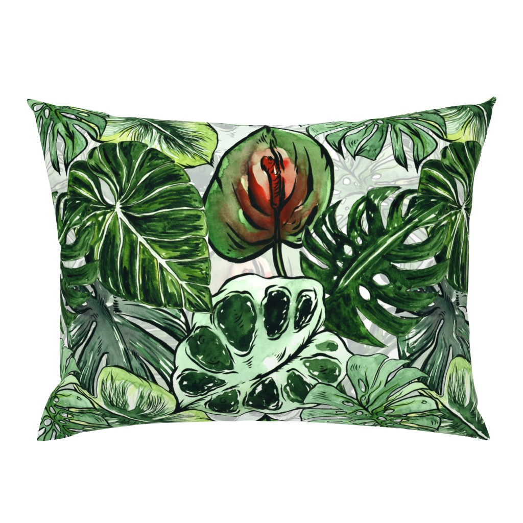 18" Bohemian  Hand Drawn Green and Red Tropical Green Jungle Garden