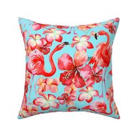 18"   Hand drawn Tropical Floral Hibiscus Plumeria and Flamingos Pattern on teal