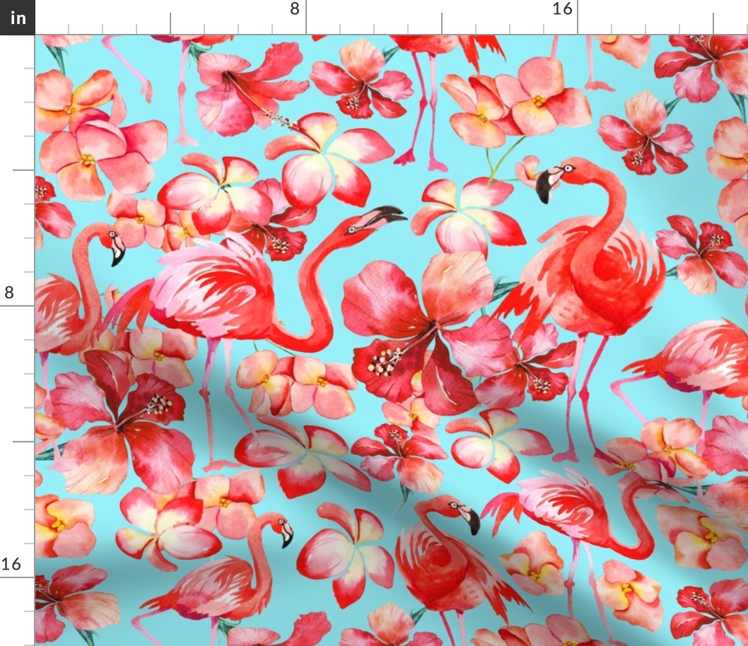 18"   Hand drawn Tropical Floral Hibiscus Plumeria and Flamingos Pattern on teal
