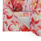 18" Hand drawn Tropical Floral Hibiscus Plumeria and Flamingos Pattern on pink