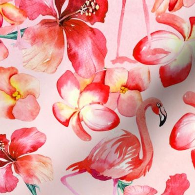 18" Hand drawn Tropical Floral Hibiscus Plumeria and Flamingos Pattern on pink