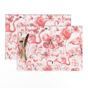 18"  Hand drawn Tropical Floral Hibiscus Plumeria and Flamingos Pattern on blush pink