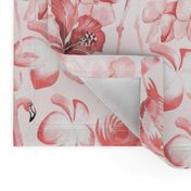 18"  Hand drawn Tropical Floral Hibiscus Plumeria and Flamingos Pattern on blush pink