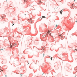 18"  Hand drawn Tropical Floral Hibiscus Plumeria and Flamingos Pattern on blush pink
