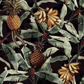 18“  Pierre-Joseph Redouté-Fruit Cocktail,Antique Tropical Rainforest Palm Jungle with Banana and Pineapple,black sepia
