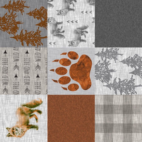 Fox Forest Quilt - Rust, Grey, Tan Linen Texture - ROTATED